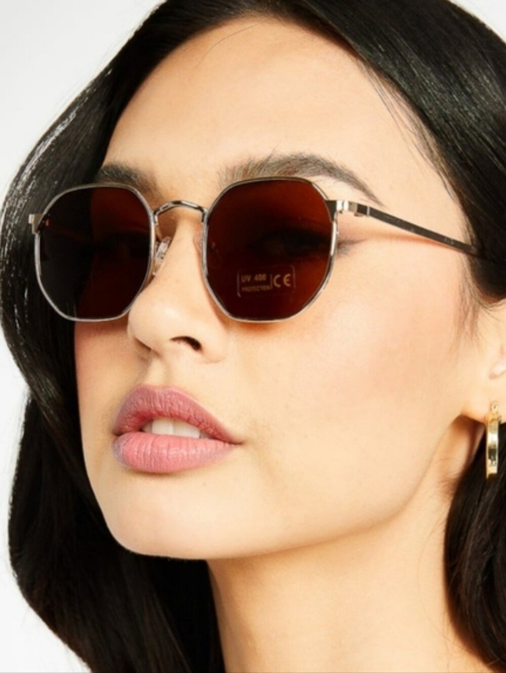 JustFab Womens Gold Geometric Hexagon Metal Sunglasses Brown Tinted Lens NWT